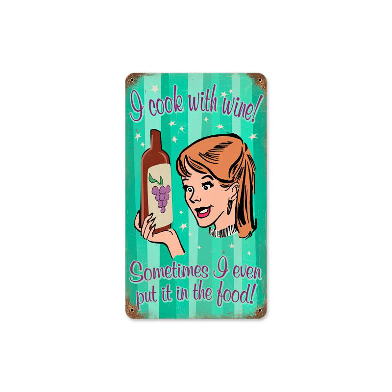 Cook With Wine Vintage Sign, Bar and Alcohol , Metal Sign, Wall Art, 8 X 14 Inches