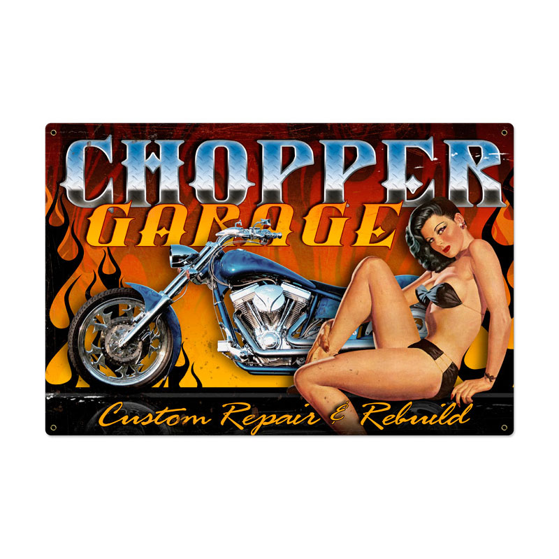 Chopper Garage Vintage Sign, Motorcycle, Metal Sign, Wall Art, 36 X 24 Inches
