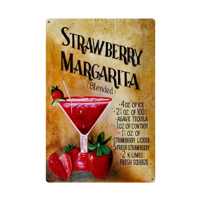Strawberry Margarita Recipe Vintage Sign, Food & Drink, Metal Sign, Wall Art, 24 X 36 Inches