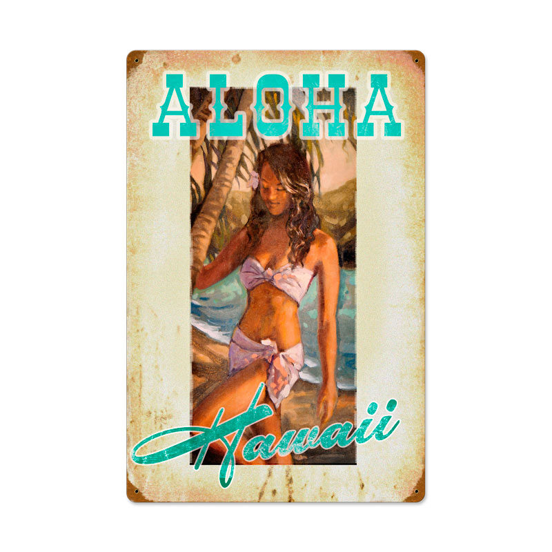 WADE004 - 16 X 24 ALOHA HAWAII Vintage Sign, Automotive, Metal Sign, Wall Art, 16 X 24 Inches