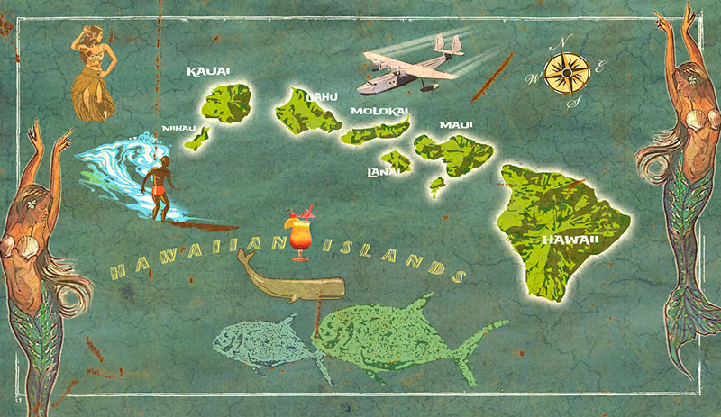 WADE133 - 14 X 8 VINTAGE - HAWAII MAP, Automotive, Metal Sign, Wall Art, 14 X 8 Inches