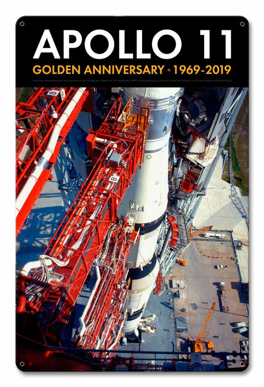Apollo 11 50th Anniversary Saturn V Launch Tower Black Metal Sign Vintage Sign, Aviation, Metal Sign, Wall Art, 12 X 18 Inches