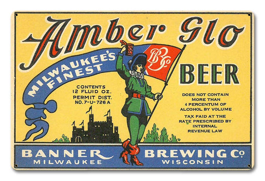 Amber Glo beer, Automotive, Metal Sign, Wall Art, 18 X 12 Inches