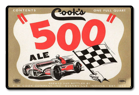 Cook's 500 Ale, Automotive, Metal Sign, Wall Art, 18 X 12 Inches