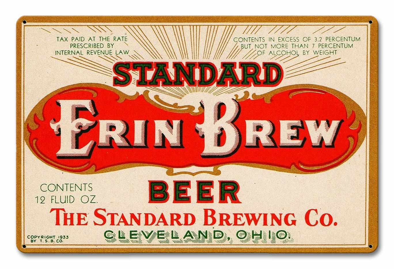 Standard Erin Brew Beer, Automotive, Metal Sign, Wall Art, 18 X 12 Inches