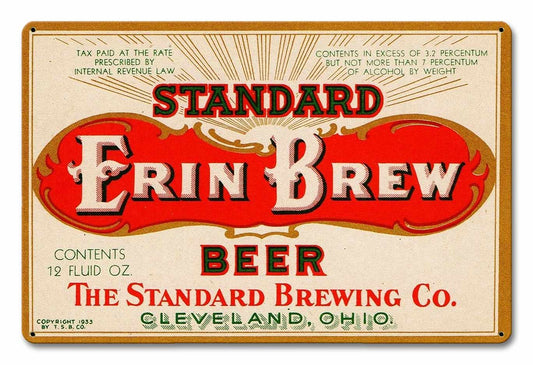 Standard Erin Brew Beer, Automotive, Metal Sign, Wall Art, 18 X 12 Inches