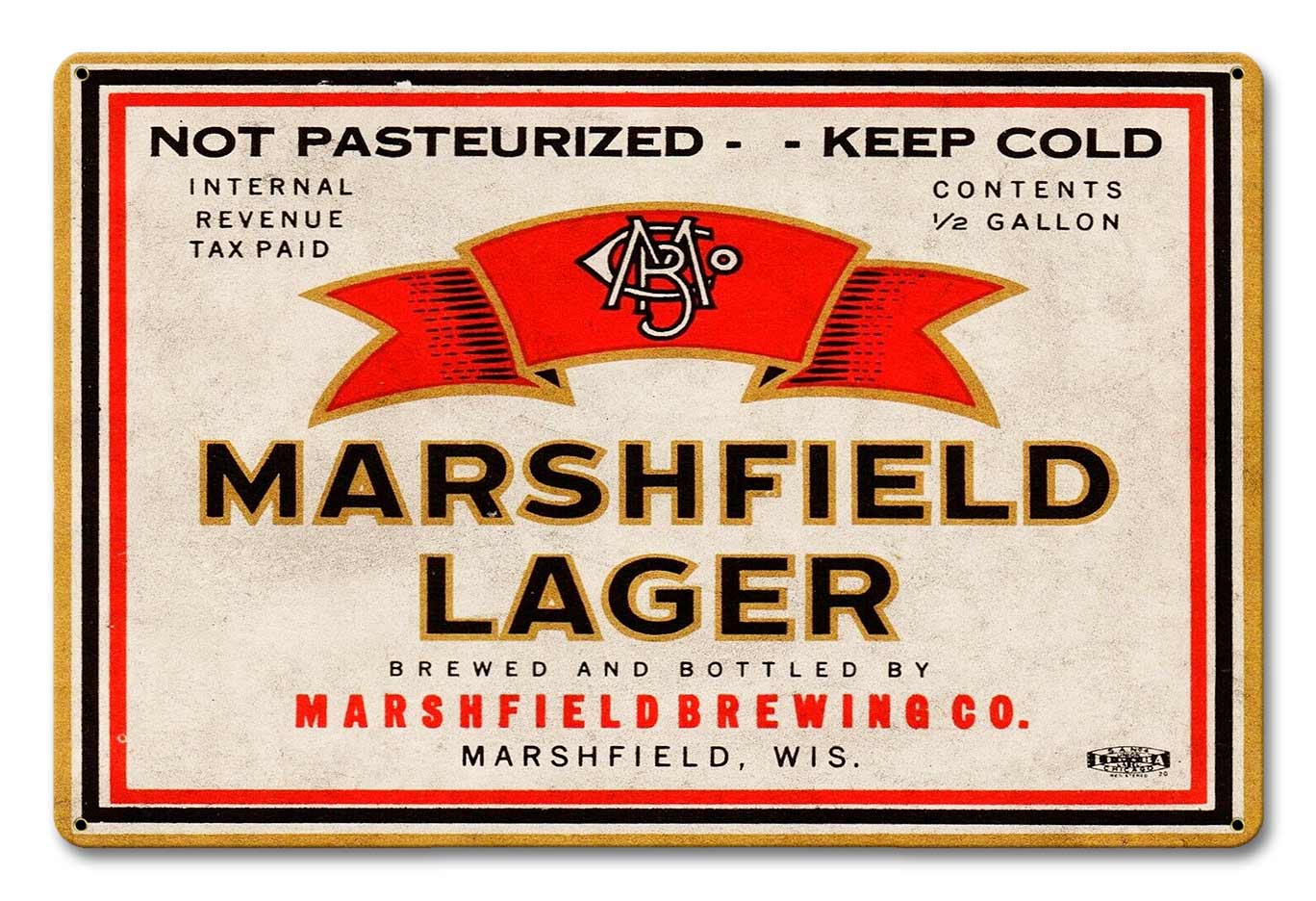 Marshfield Lager, Automotive, Metal Sign, Wall Art, 18 X 12 Inches