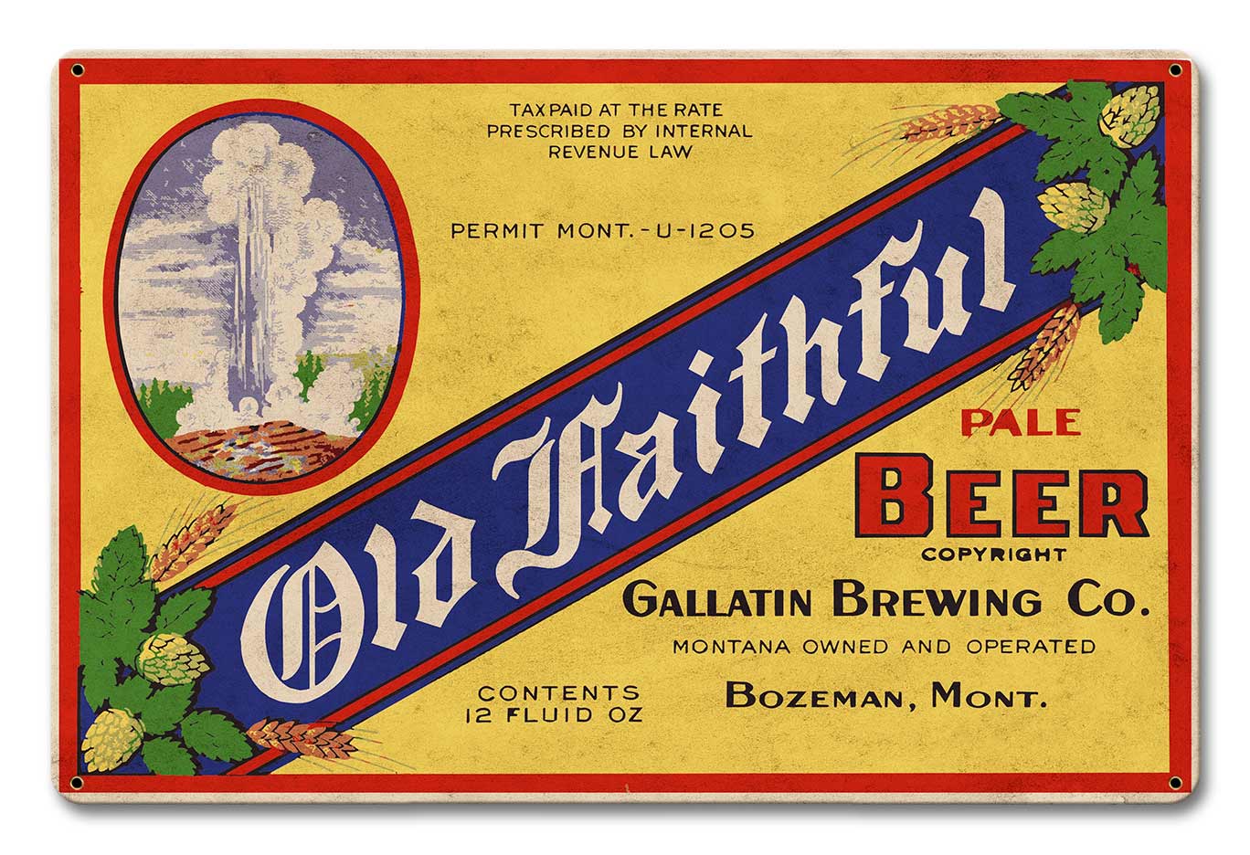 Old Faithful Pale Beer, Automotive, Metal Sign, Wall Art, 18 X 12 Inches
