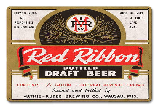 Red Ribbon Beer, Automotive, Metal Sign, Wall Art, 18 X 12 Inches