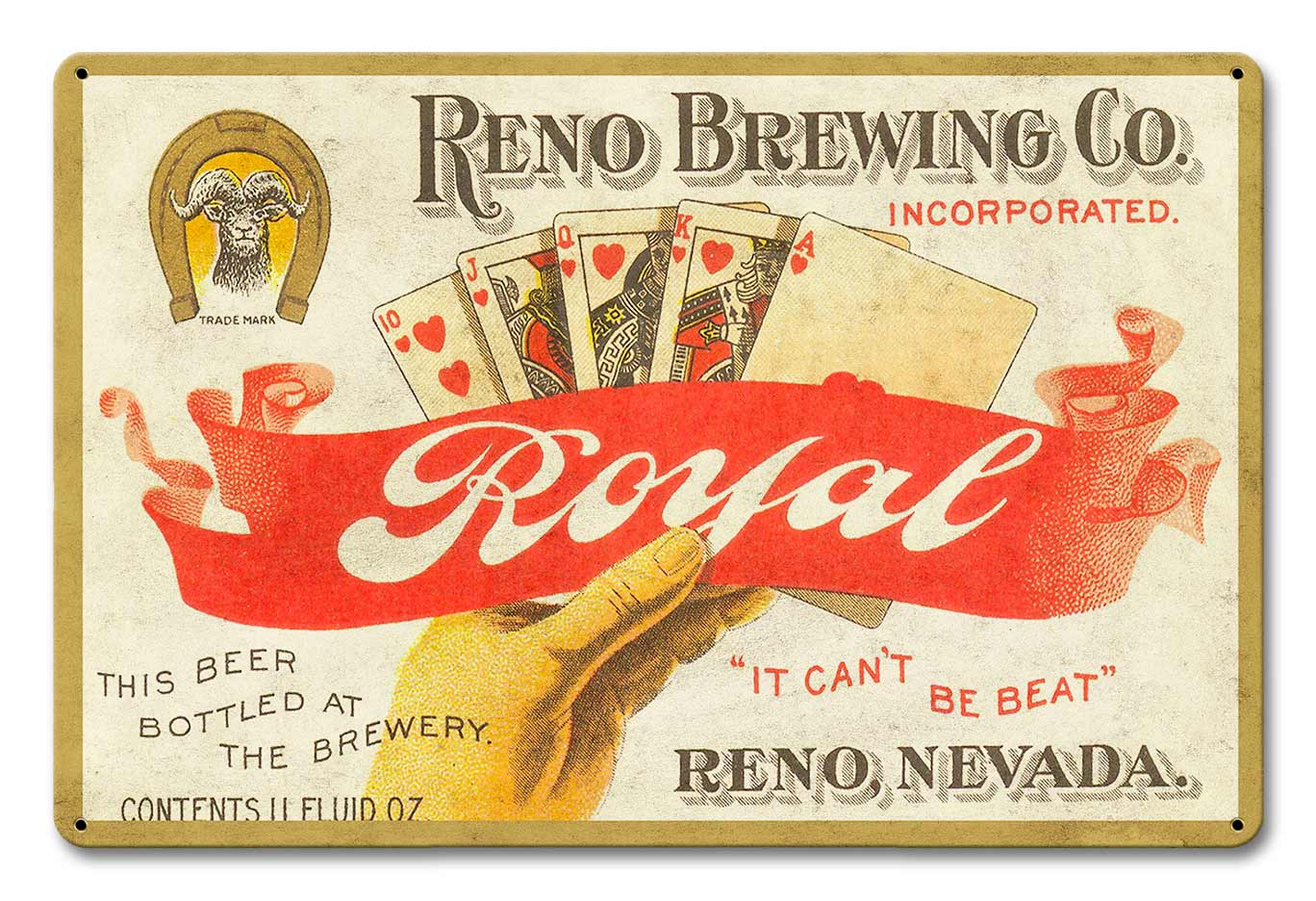 Reno Brewing Co Royal Beer, Automotive, Metal Sign, Wall Art, 18 X 12 Inches