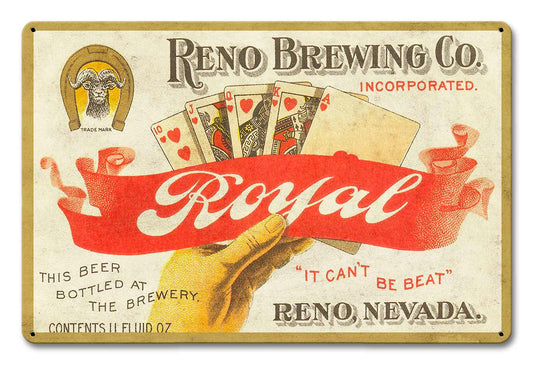 Reno Brewing Co Royal Beer, Automotive, Metal Sign, Wall Art, 18 X 12 Inches