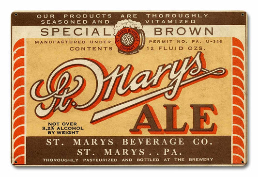 St. Mary's Ale, Automotive, Metal Sign, Wall Art, 18 X 12 Inches