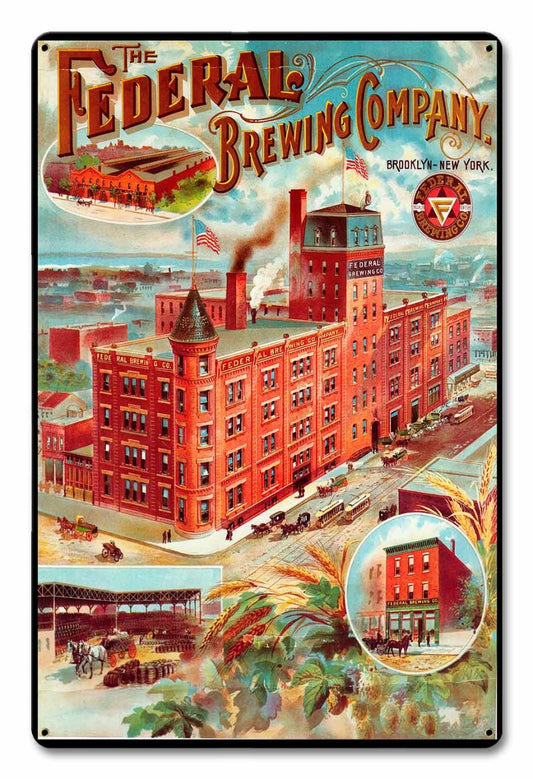 Federal Brewing Company, Automotive, Metal Sign, Wall Art, 12 X 18 Inches