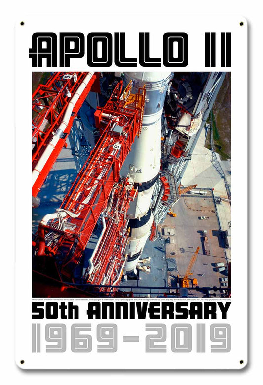 Apollo 11 50th Anniversary Saturn V Launch Tower White Metal Sign Vintage Sign, Aviation, Metal Sign, Wall Art, 12 X 18 Inches