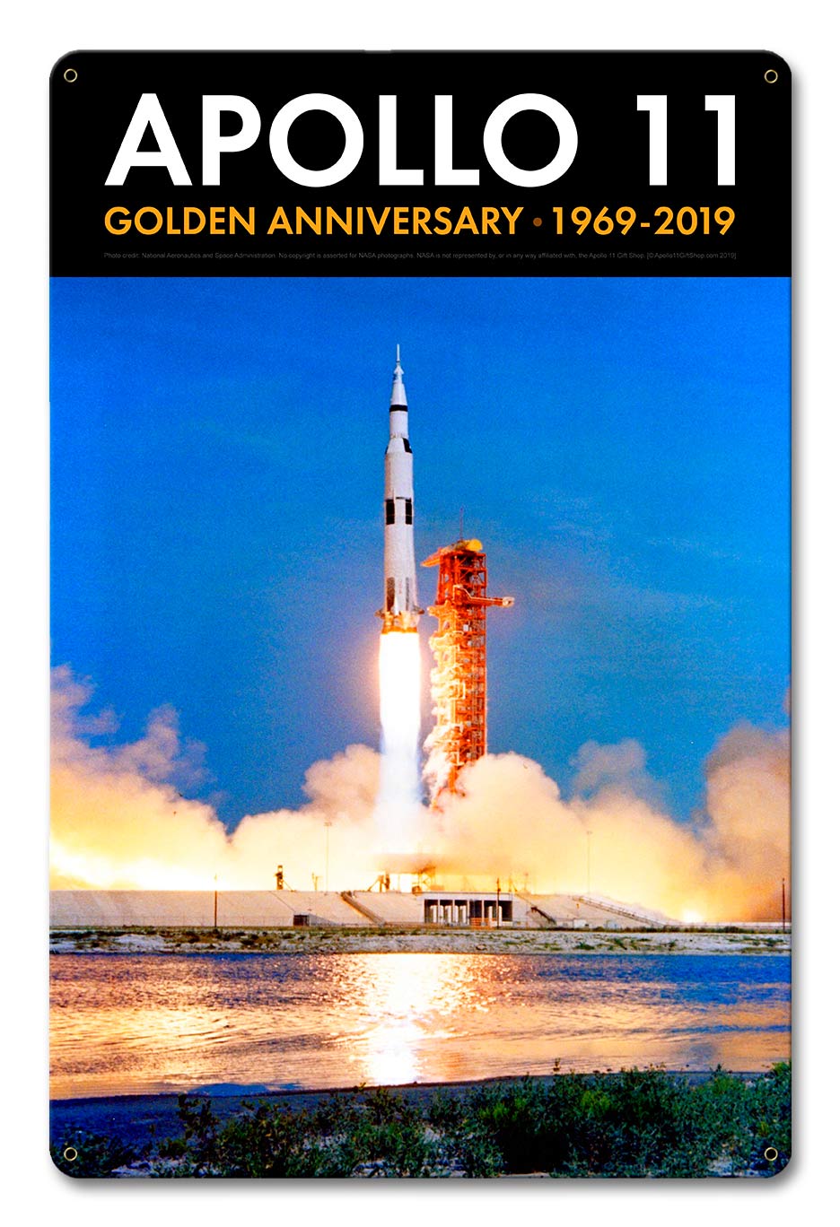 Apollo 11 50th Anniversary Liftoff on Pad 39A Black Metal Sign Vintage Sign, Aviation, Metal Sign, Wall Art, 12 X 18 Inches