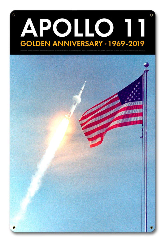 Apollo 11 50th Anniversary Saturn V and the Flag Black Metal Sign Vintage Sign, Aviation, Metal Sign, Wall Art, 12 X 18 Inches