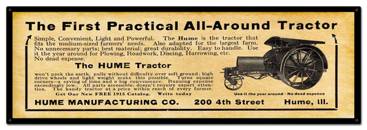 1915 Hume Tractors 36 X 12 vintage metal sign