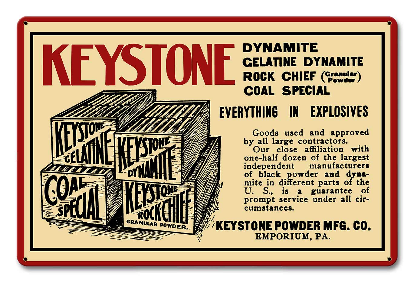 1910 KEYSTONE DYNAMITE Metal Sign 18in X 12in
