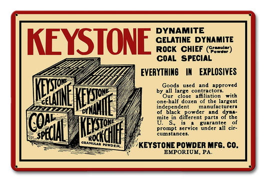 1910 KEYSTONE DYNAMITE Metal Sign 18in X 12in