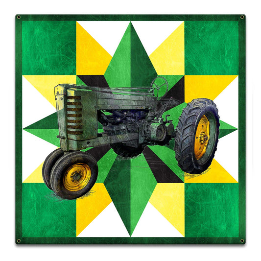 Tractor Quilt Green Yellow 18 x 18 Custom Shape