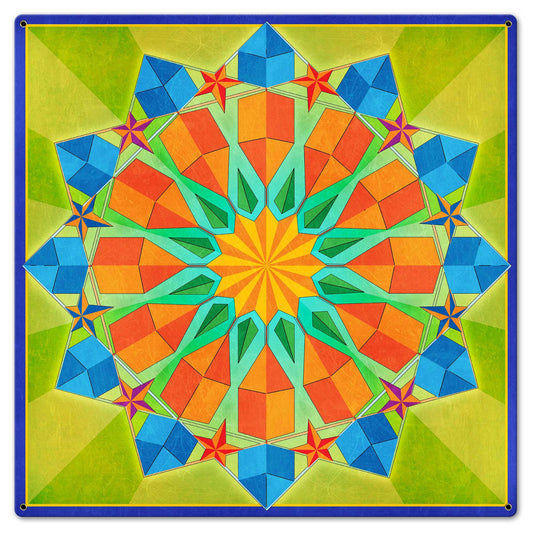 Twelve Point Quilt Green Blue Orange 24 x 24 Custom Shape