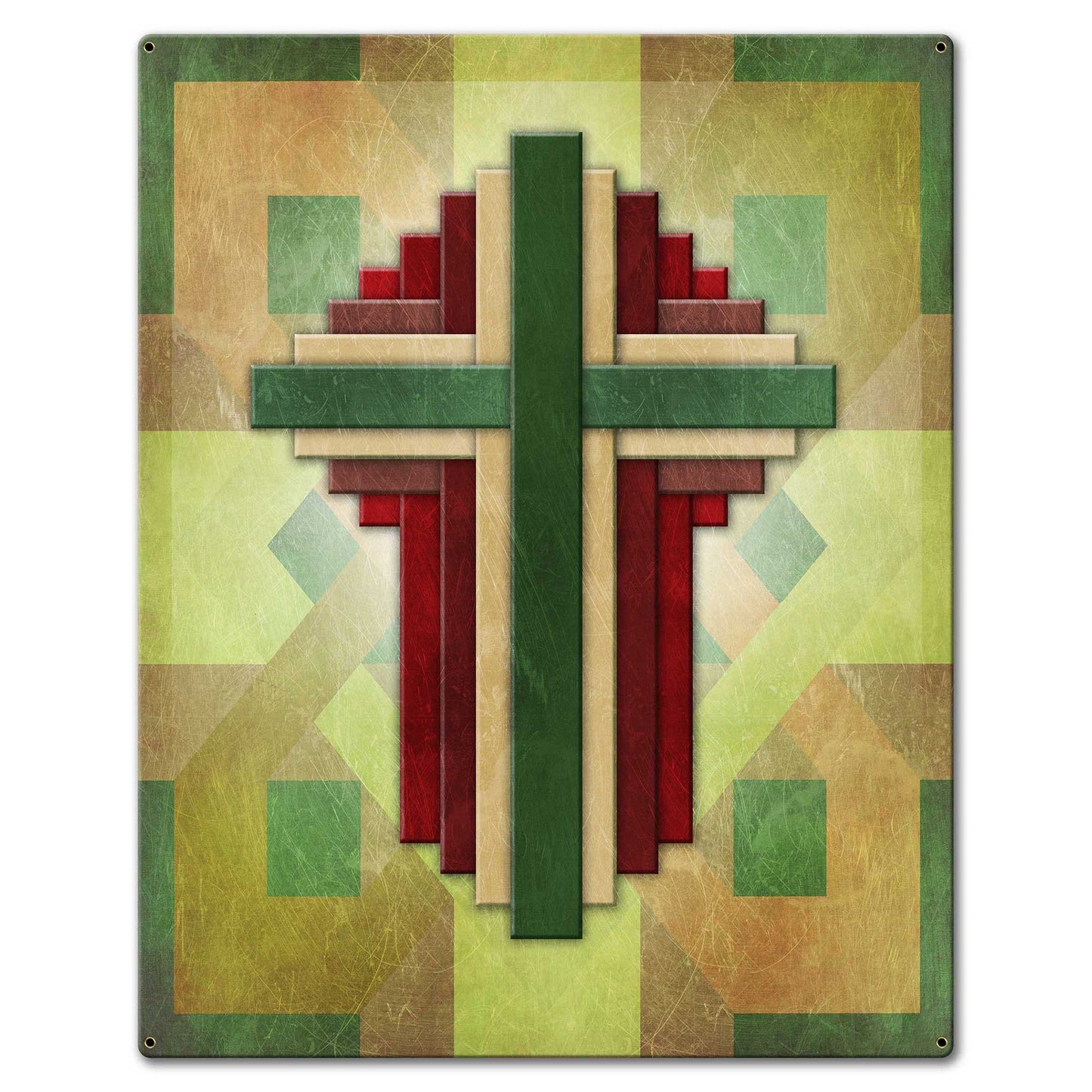 Cross Quilt Multiple Crosses Green Red Brown 24 X 30 vintage metal sign