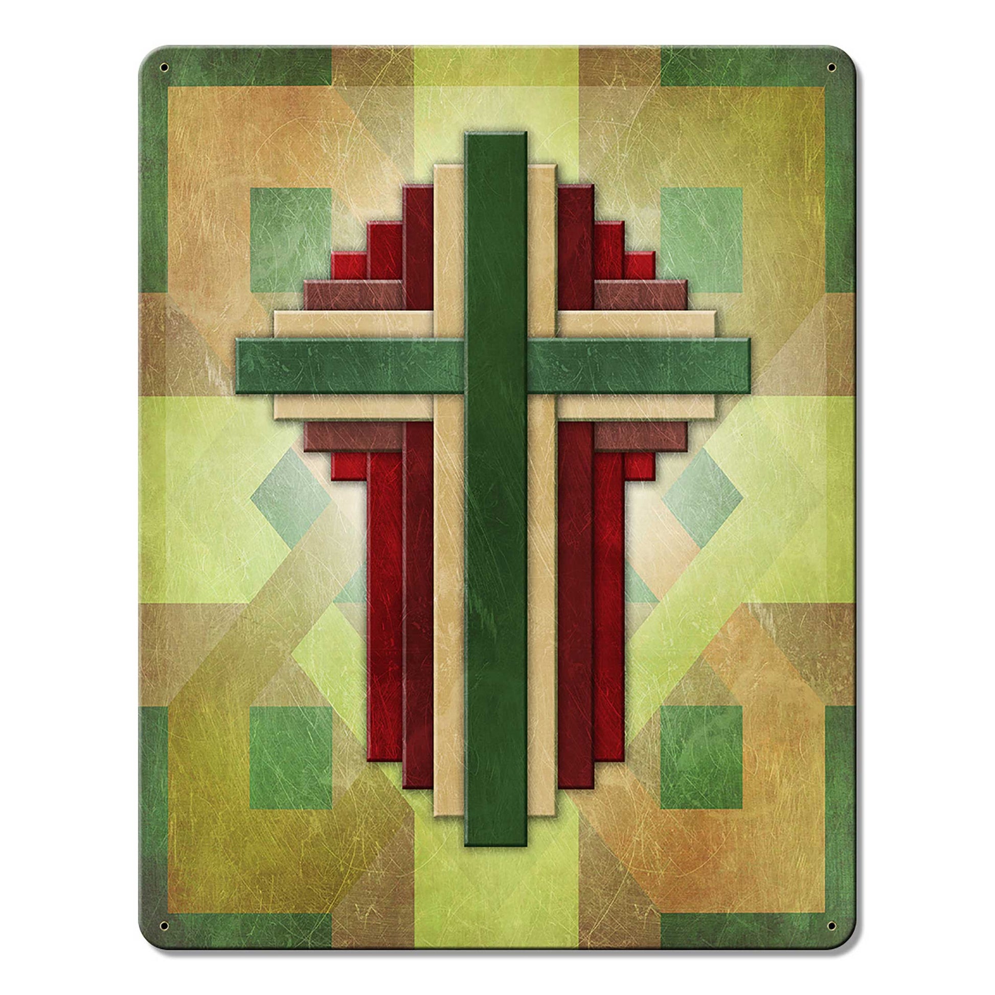 Cross Quilt Multiple Crosses Green Red Brown 12 X 15 vintage metal sign