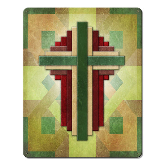 Cross Quilt Multiple Crosses Green Red Brown 12 X 15 vintage metal sign