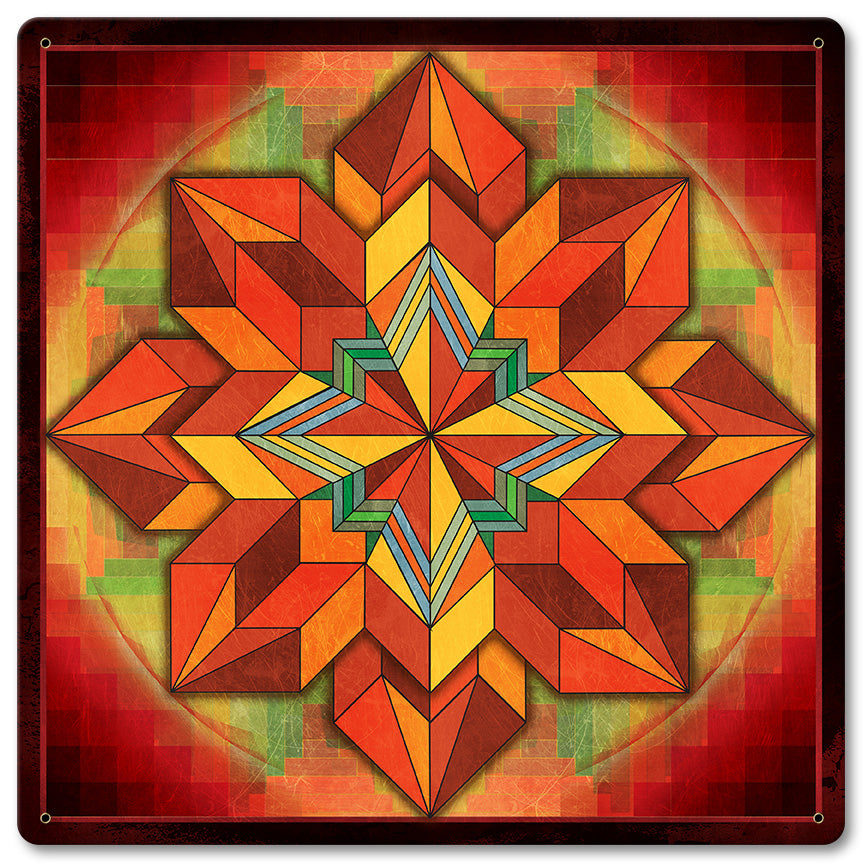 Orange Geometric Quilt 12 X 12 vintage metal sign