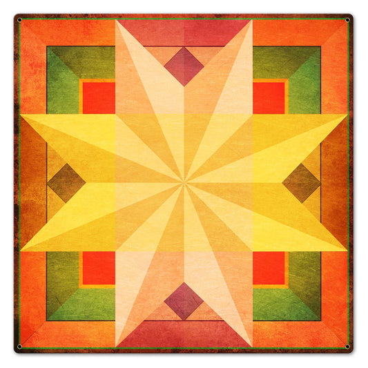 8 Point Star Quilt Warm Colors 24 X 24 vintage metal sign
