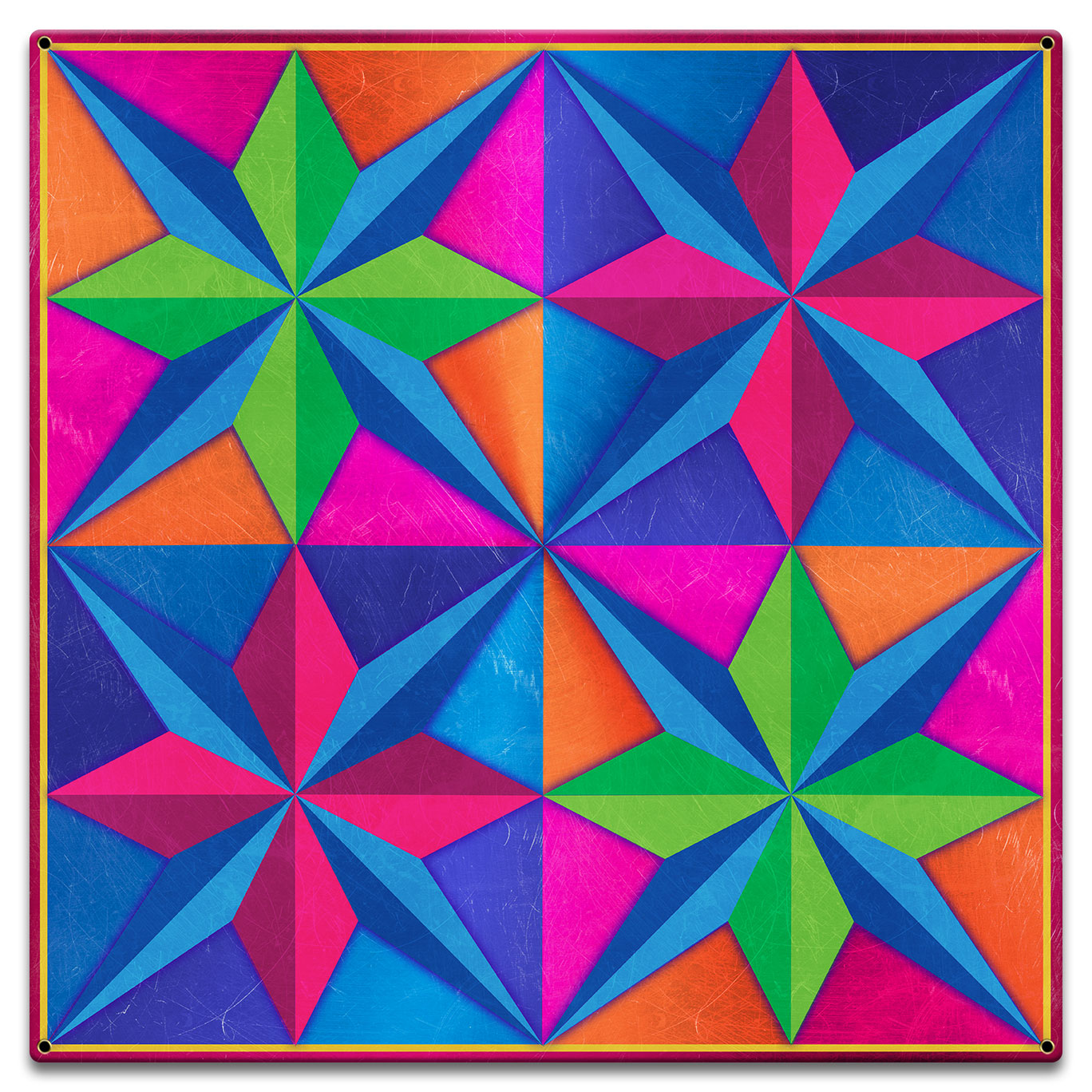 4 Eight Point Stars Magenta Blue Green Metal Sign 18in X 18in