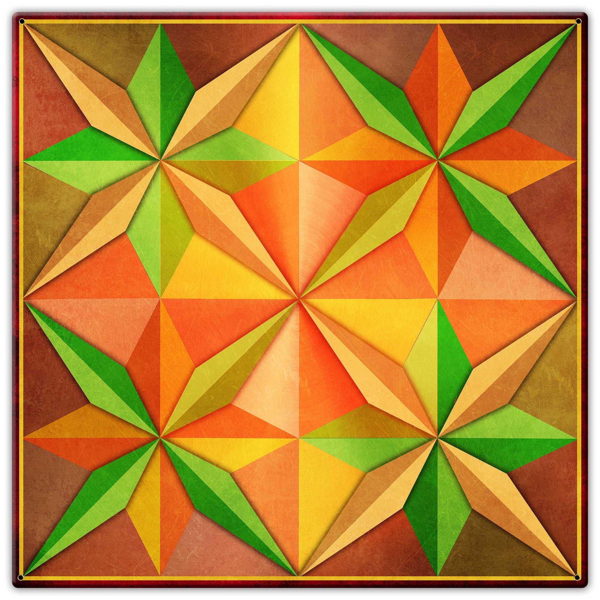 4 Eight Point Stars Orange Yellow Green Metal Sign 30in X 30in