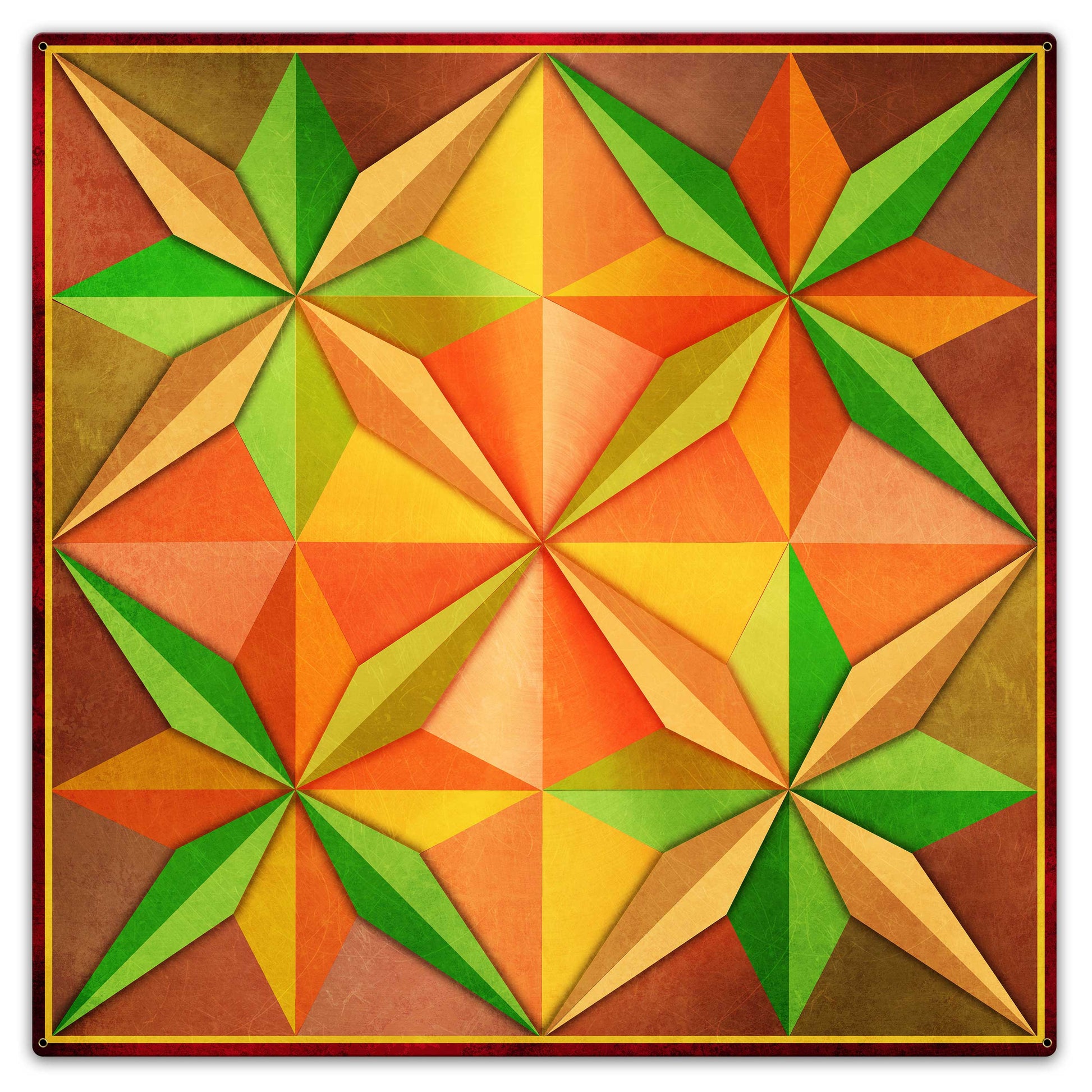 4 Eight Point Stars Orange Yellow Green Metal Sign 36in X 36in