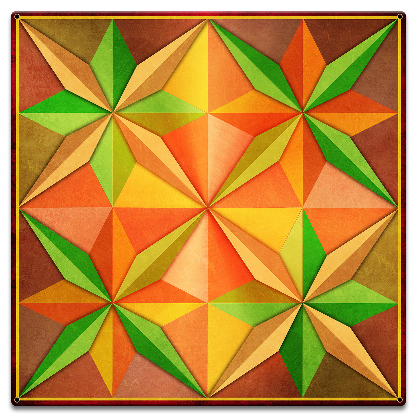 4 Eight Point Stars Orange Yellow Green Metal Sign 18in X 18in