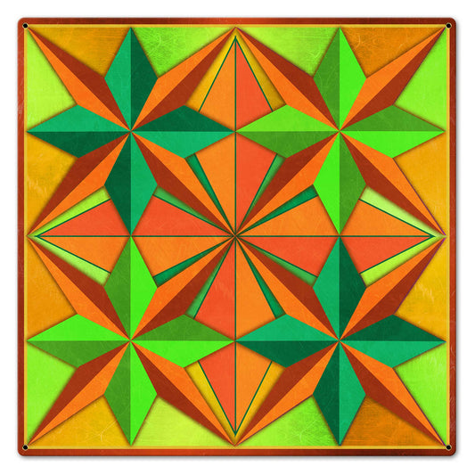 Four Eight Point Stars Blue Orange Green Metal Sign 24in X 24in