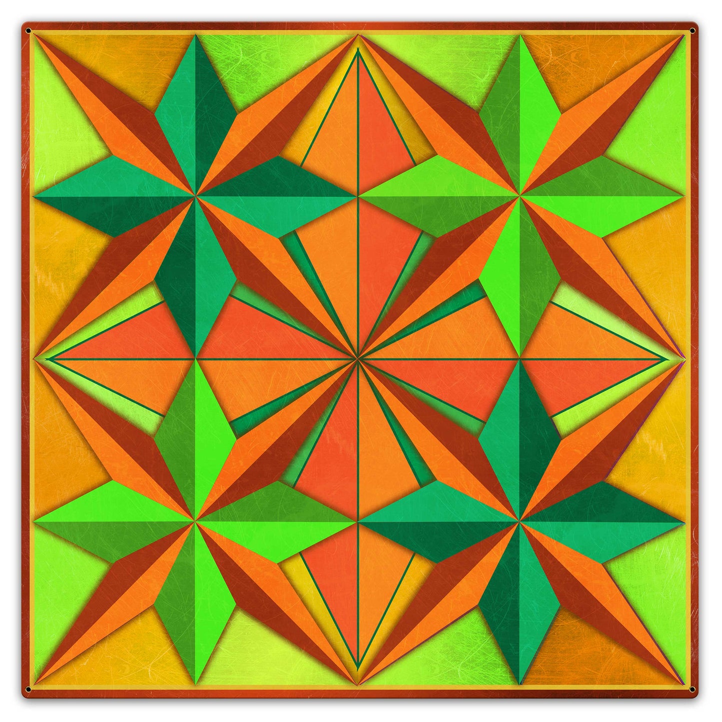 Four Eight Point Stars Blue Orange Green Metal Sign 36in X 36in