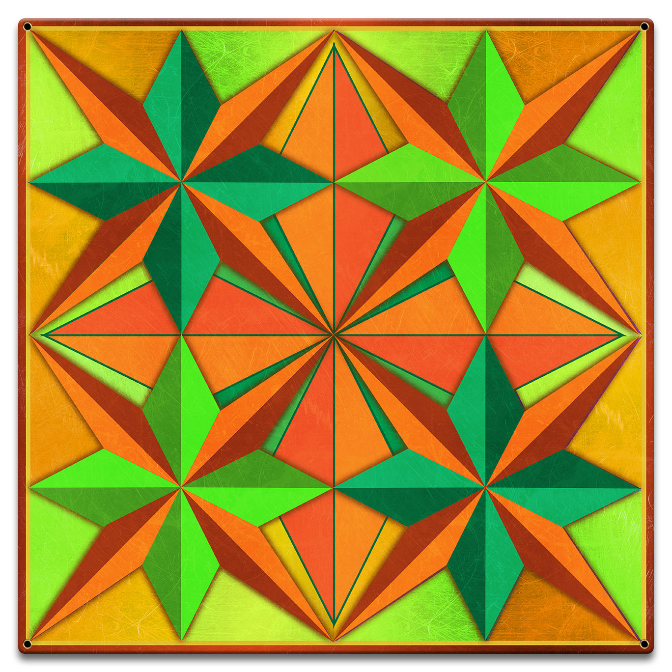 Four Eight Point Stars Blue Orange Green Metal Sign 18in X 18in