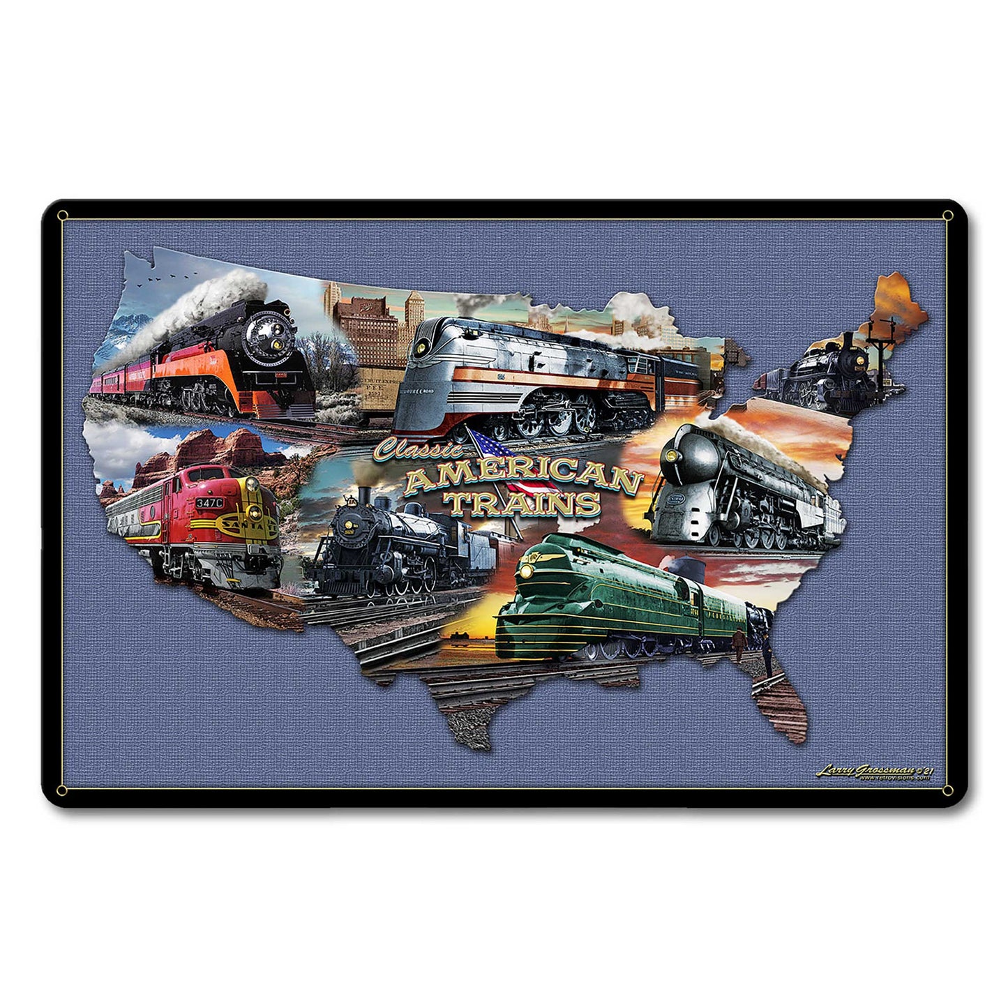 CLASSIC AMERICAN TRAINS COLLAGE MAP 18 x 12 Satin