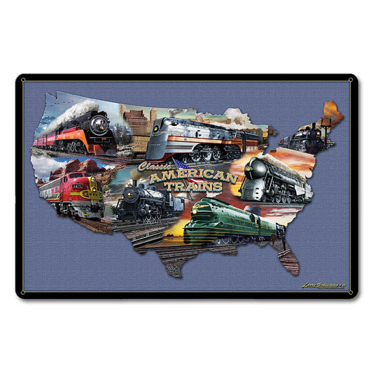 CLASSIC AMERICAN TRAINS COLLAGE MAP 18 x 12 Satin