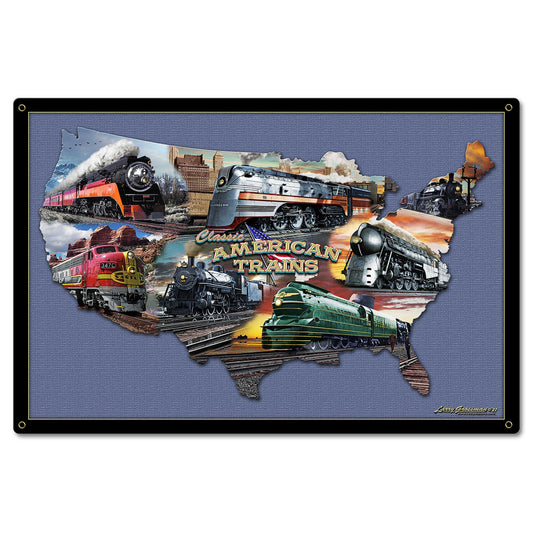 CLASSIC AMERICAN TRAINS COLLAGE MAP 24 x 16 Satin