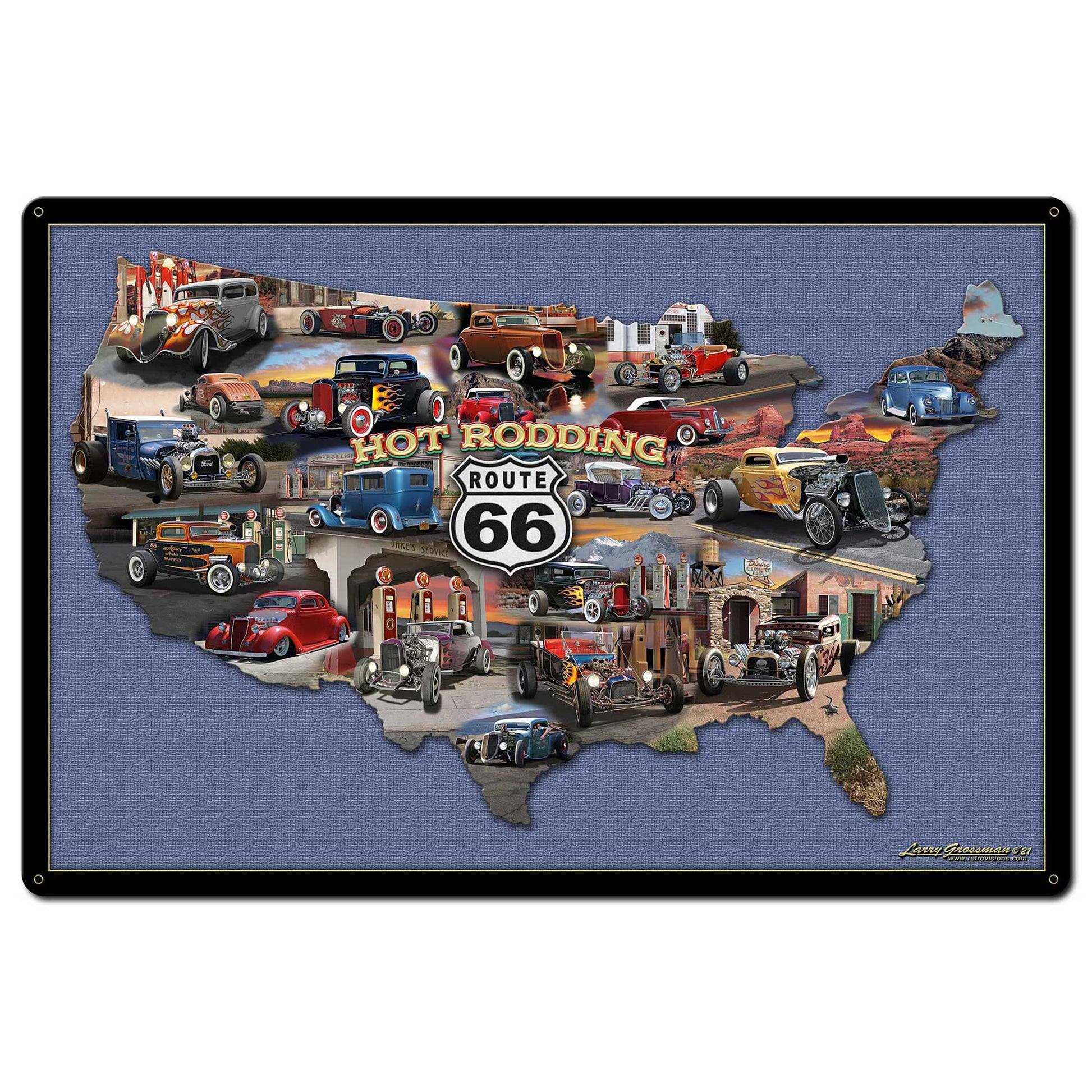 HOT RODDING ROUTE 66 MAP 36 x 24 Satin