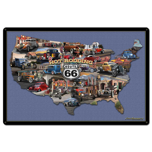 HOT RODDING ROUTE 66 MAP 36 x 24 Satin