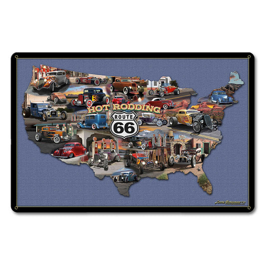 HOT RODDING ROUTE 66 MAP 18 x 12 Satin