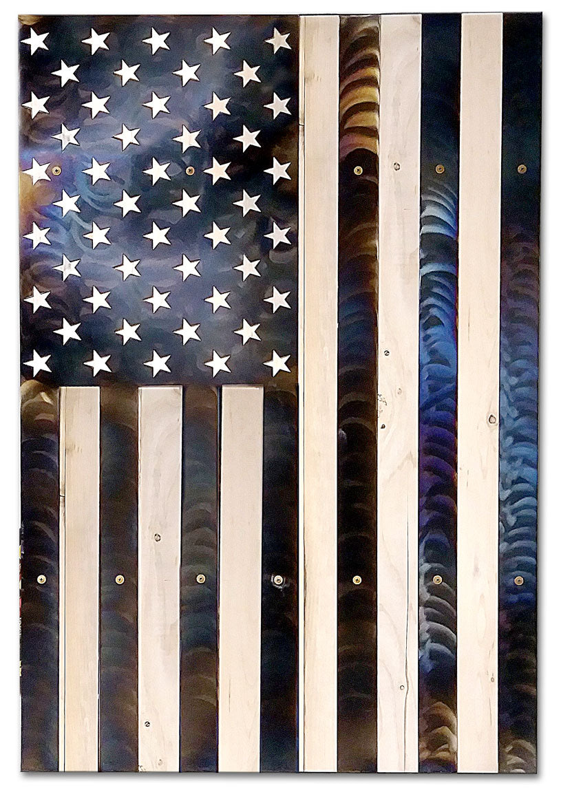 USA Vertical Flag Burnt Metal on Wood Vintage Sign