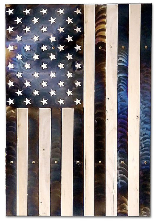 USA Vertical Flag Burnt Metal on Wood Vintage Sign