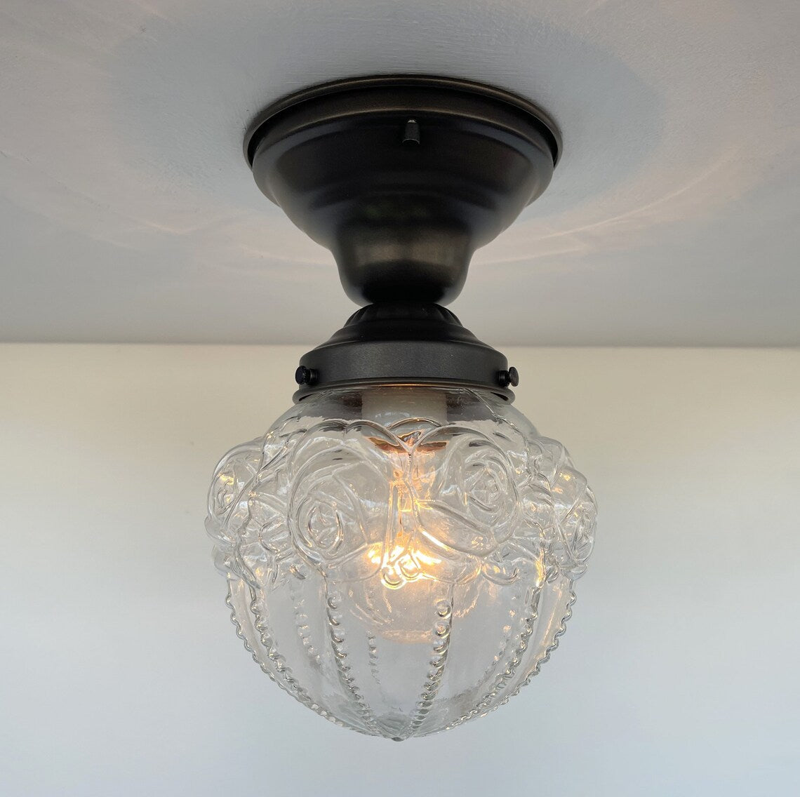 Embossed Flush Mount Globe Antique Ceiling Light Glass