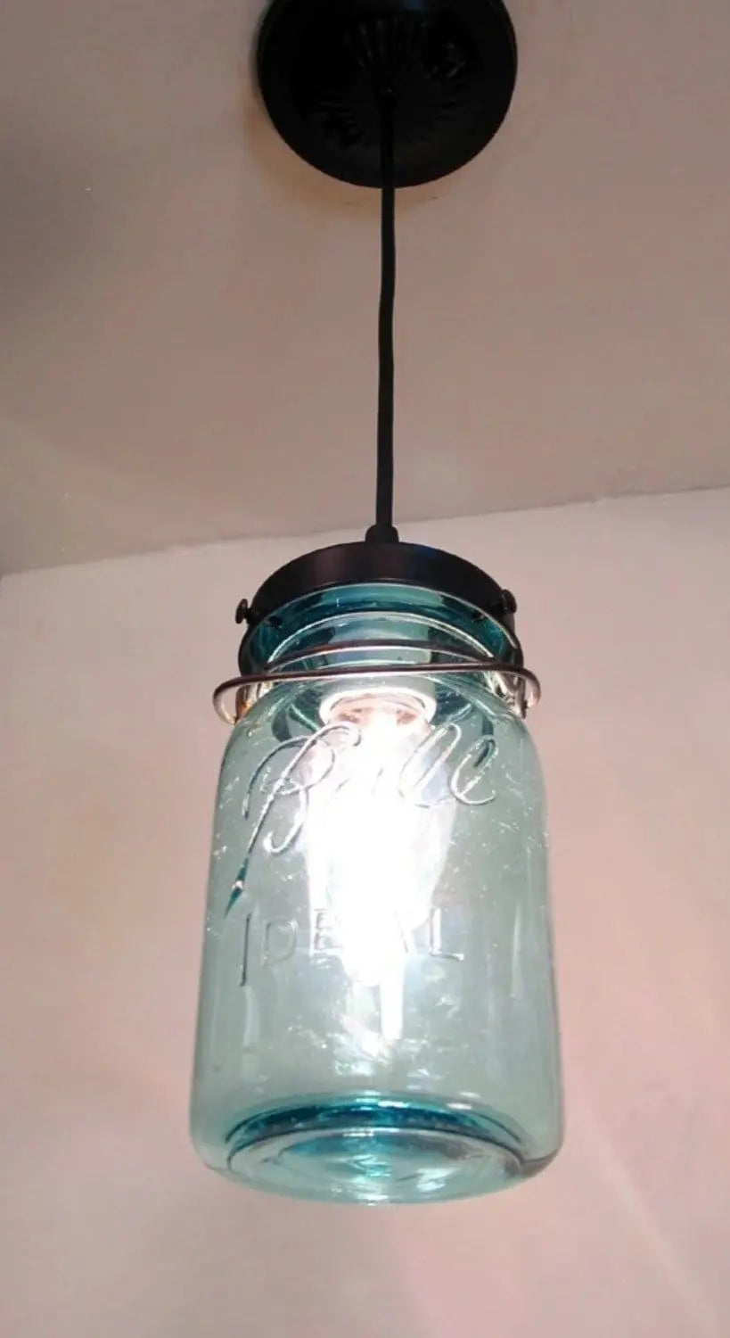 Vintage BLUE Mason Jar PENDANT Light
