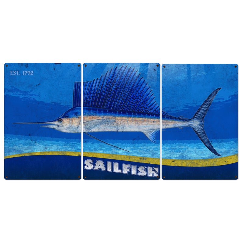 Sailfish Wall Art, Metal Triptych, Optional Rustic Wood Frame, Sport Fishing, Wall Art, Ocean, Nautical, Contemporary Art
