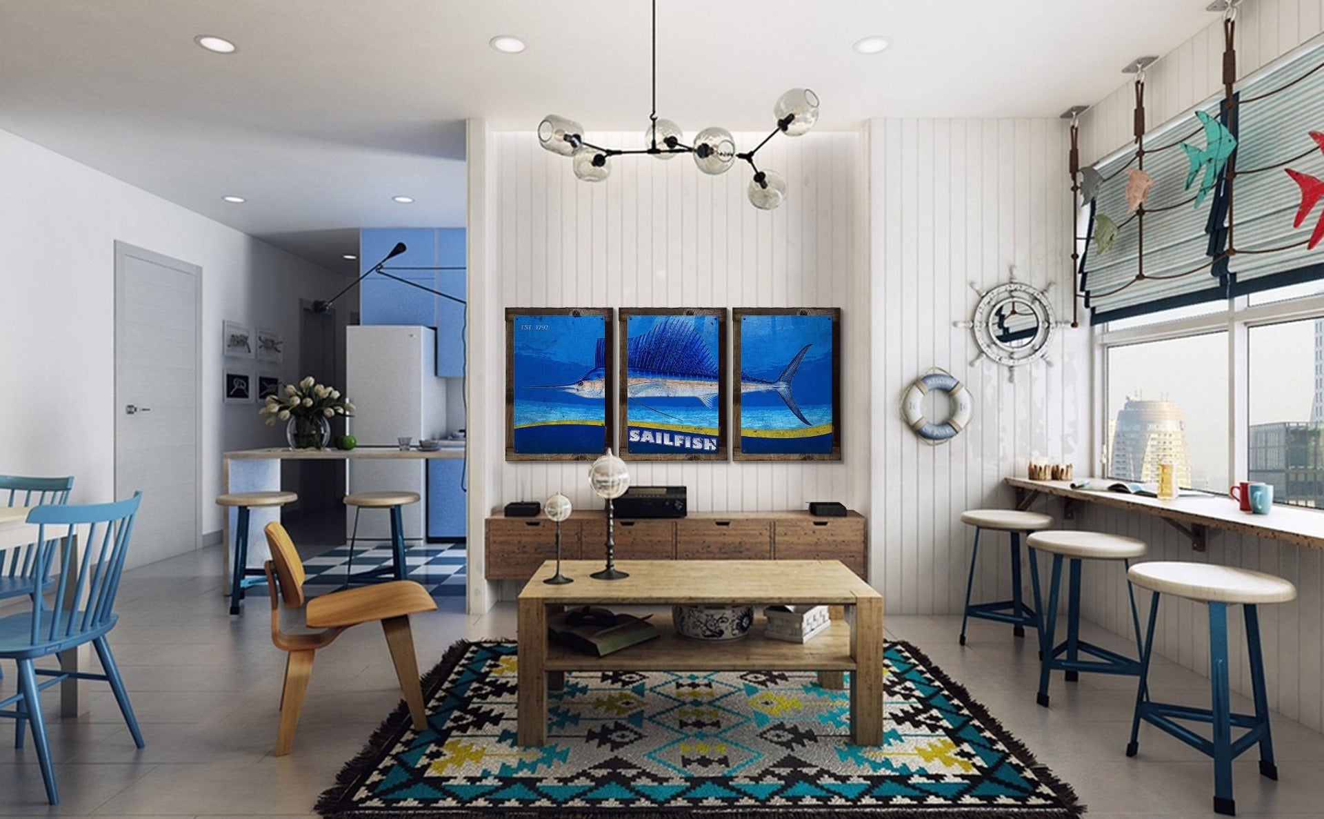 Sailfish Wall Art, Metal Triptych, Optional Rustic Wood Frame, Sport Fishing, Wall Art, Ocean, Nautical, Contemporary Art