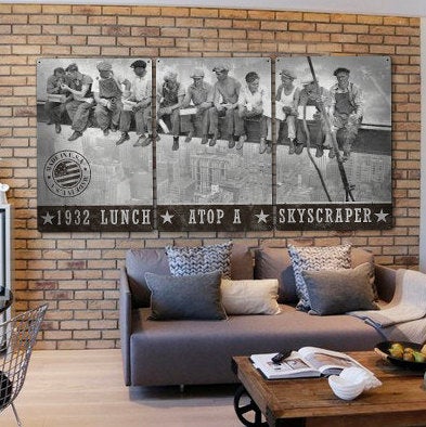 Lunch Atop A Skyscraper, Wall Art and Home Decor, Triptych Metal Sign, Americana